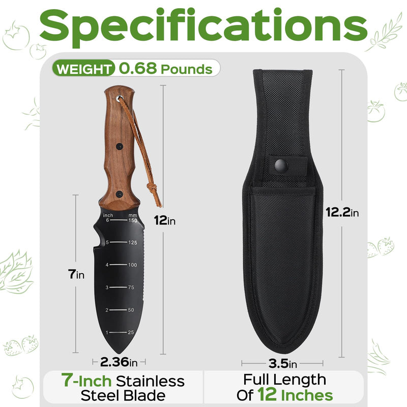 Hori Hori Garden Knife, Garden Tools Trowel with EDC Sheath, Gardening Tools for Weeding Digging Planting with 7" Stainless Steel Blade,Dual-Scale Measurement,Hanging Hole, Gifts for Women Mom Men Dad Black & Walnut