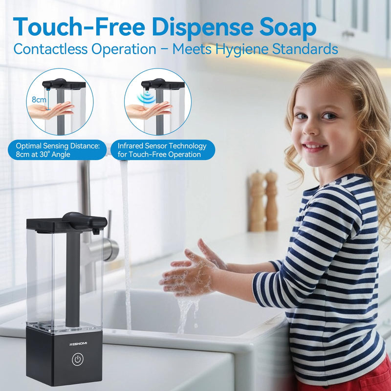 Automatic Soap Dispenser Touchless, Hand Soap Dispenser, 16.5oz/490mL Transparent Reservoir Wall Mount, Type-C Rechargeable, 3-Level Adjustable, Water-Resistant for Bathroom,Kitchen,Office, Black