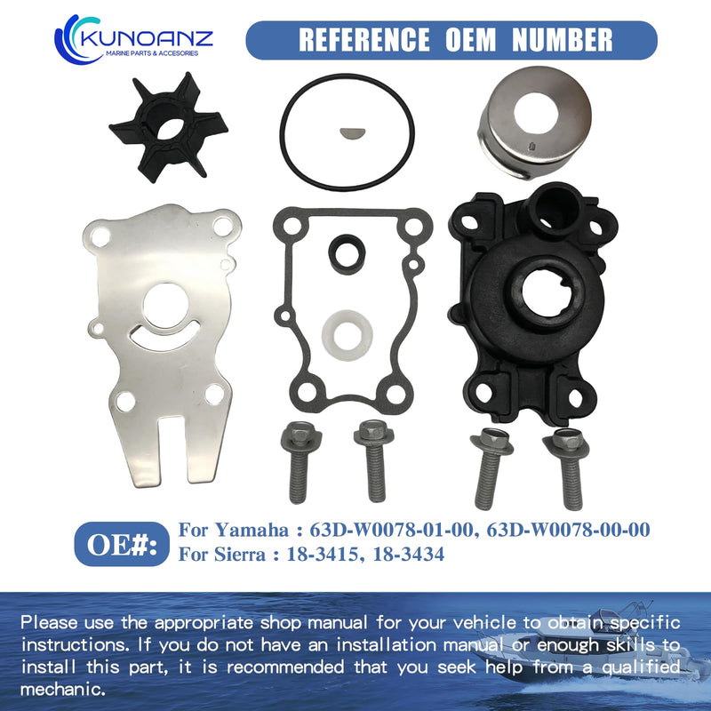 63D-W0078-01,63D-W0078-00-00 Outboard Water Pump Impeller Repair Kit For Yamaha 40 50 60 HP 2/4-Stroke Outboard Sierra 18-3415 18-3434 40HP 50HP 60HP C40 F50 F60 1995-2020 40 50 60(Housing)