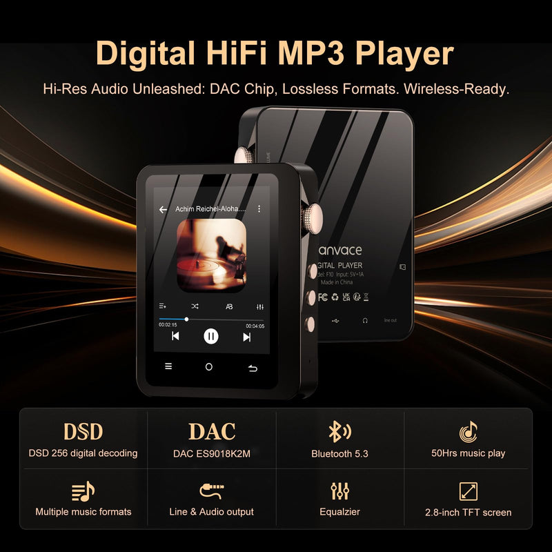 HiFi MP3 Player with Bluetooth 5.3, Lossless DSD High-Resolution Digital Audio Music Player, Portable DAC FLAC Audio Player, 192Khz/24bit, 2.8" Touchscreen & Leather Case Black