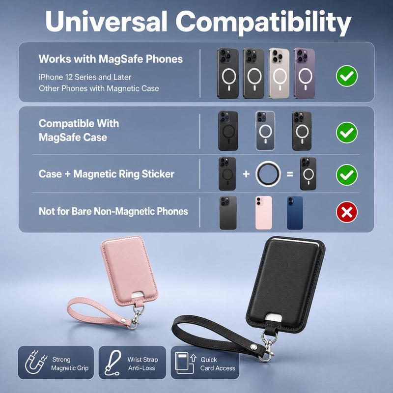 MagSafe Wallet with Wrist Strap, 3 Card Holder with RFID Blocking, MagSafe Sticker Included, Slim Magnetic Phone Wallet for iPhone 17e/17/16/15/14/13/12 Series and Selected Samsung Devices Pink