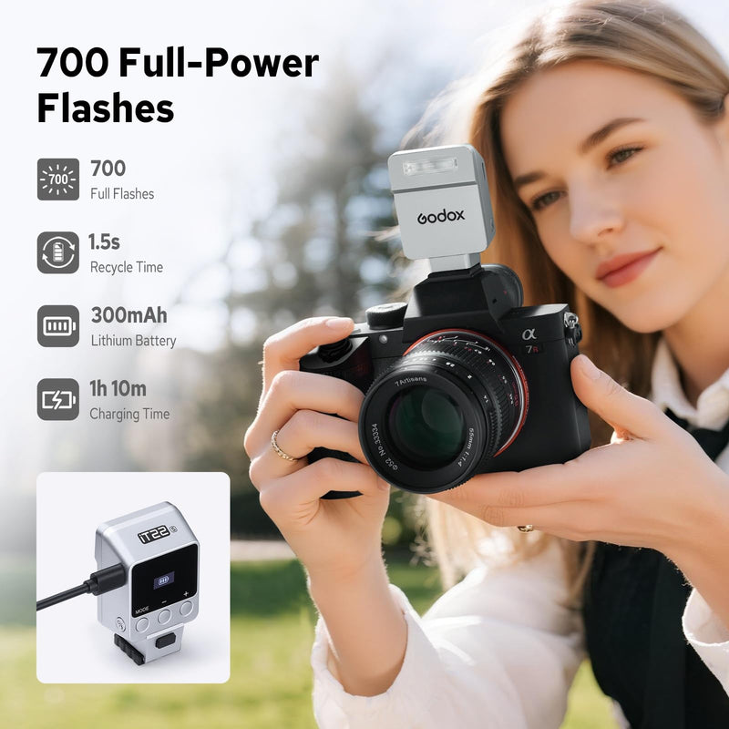 Godox iT22 iT22-S Flash for Sony, Mini TTL Flash with Intuitive Screen | 1.5s Recycle, 700 Full Power Flashes, USB-C Charge, Built-in Battery, GODOX iT22S iT22 S Pocket Flash Speedlight (Silver) iT22-S for Sony (Silver)