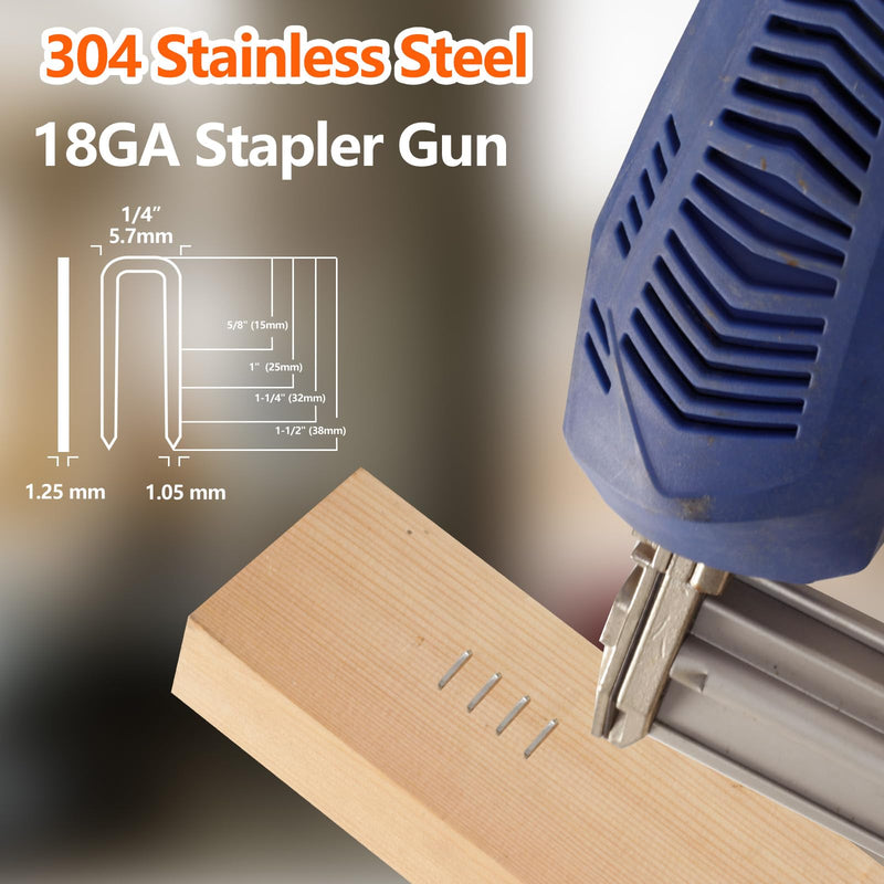 1600-Count 304 Stainless Steel 18 Gauge 1/4 Inch Narrow Crown Staples (5/8"+1"+1-1/4"+1-1/2"), 400 per Size, Heavy Duty Beveled Chiseled Pointed, Assorted Size Project Pack 5/8"+1"+1-1/4"+1-1/2"