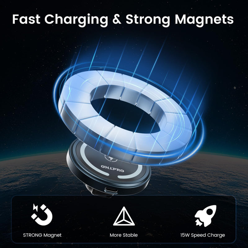 OHLPRO for MagSafe Car Mount Charger iPhone Wireless Car Charger, Stick on Dashboard Magnetic Phone Holder Mount for iPhone 17 Pro Max 16 15 14 Series, 15W Fast Charging, Aluminum Shell Black