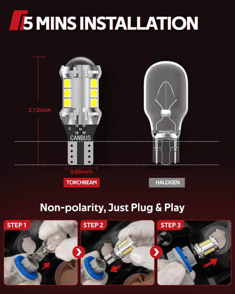 Torchbeam 912 921 LED Reverse Light Bulb, T15 LED Reverse Light Bulb Super Bright 360° 3030SMD Canbus Error Free, 906 904 916 W16W Replacement 921 Bulbs 6000K White, Pack of 2 TU2 Series 921/912