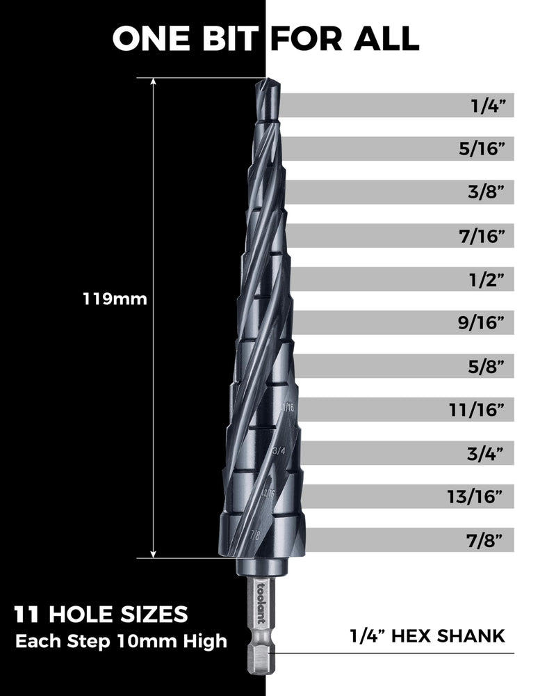 toolant Deep-Hole Four-Spiral Flute Cobalt Step Drill Bit, Extra-High 10mm Steps to Power Through Thick Plates, 1/4"-7/8" Unibit with 1/4" Hex Shank for Metal, Stainless Steel, Wood 1/4"-7/8" Extended 10mm Step