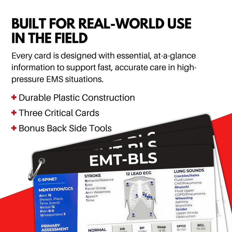EMT-BLS Medical Reference Cards (3 Cards) - First Responder, EMT-BLS+ Pediatrics Assessment - Study Material + Notes - 5x4-inches - Durable Plastic + Portable EMT-BLS Medical Reference Cards