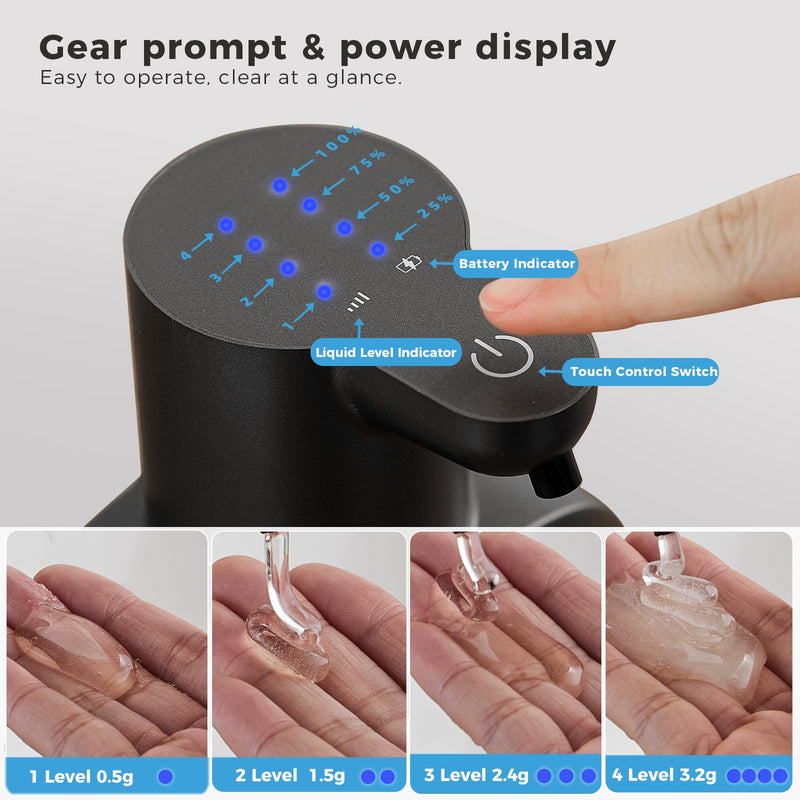 Automatic Liquid Soap Dispenser, 17oz/500ml Touchless Rechargeable with 4-Level Adjustable & IPX5 Waterproof - Level Display for Wall/Tabletop Use in Bathroom, Kitchen, Black