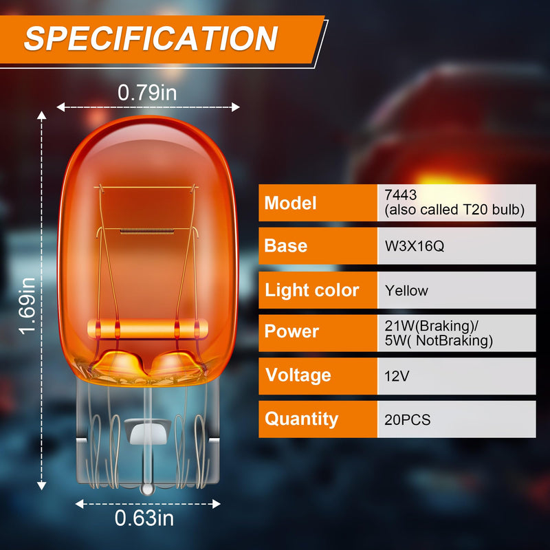 Meonum 20 Pcs 7443 Brake Light Bulbs 7444NA LED Bulb 7443 7444 LED Bulb Amber T20 W21/5W 12V 21/5W Automotive Tail Brake Backup Reverse Turn Signal Light Bulbs Replacement