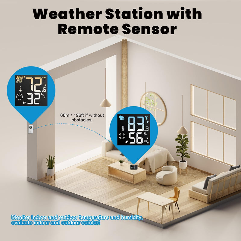 uzoli Projection Alarm Clock Weather Station, WWVB Atomic Projector Clock with Sensor, Adjustable Backlight, Indoor Outdoor Temperature Humidity, Digital Projection Clock for Bedroom Ceiling