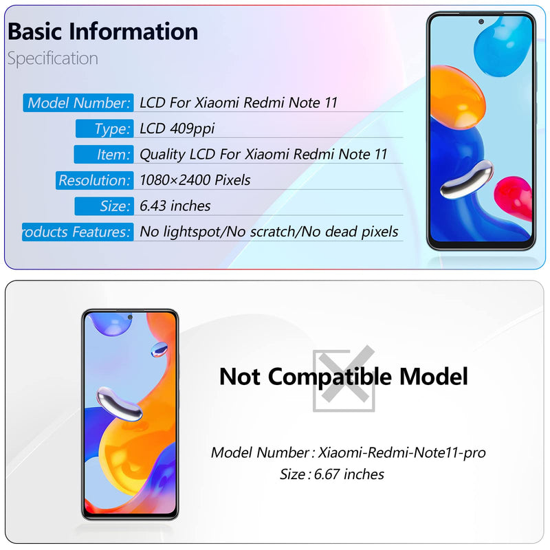 YWLRONG Screen Replacement for Xiaomi Redmi Note 11 2201117TG/2201117TI/2201117TY/2201117TL LCD Display Touch Screen Digitizer Assembly with Kit Black-No Frame