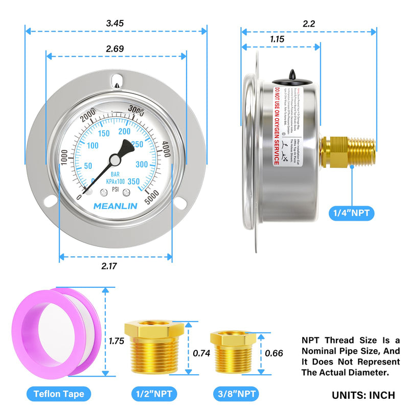 MEANLIN MEASURE 0~5000Psi Liquid Filled Pressure Gauge Front Flange Panel Mount, 1/4" NPT 2.5" FACE DIAL Stainless Steel Case with Phillips Screw, Nut and Brass Hex Bushing, +/-3-2-3%