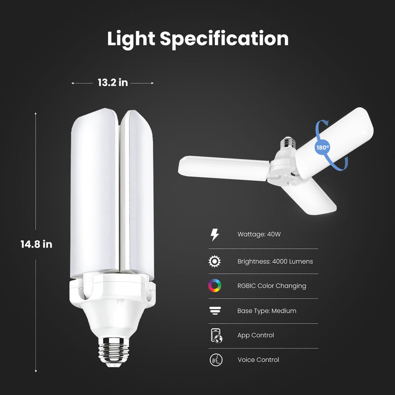 Feit Electric Smart LED Garage Light, 4000 Lumens RGBW Color Changing Deformable Panels, 2.4GHz WiFi App Control, Works with Alexa & Google, E26 Screw-in Ceiling Light for Garage ADJ4000/RGBW/LED/AG