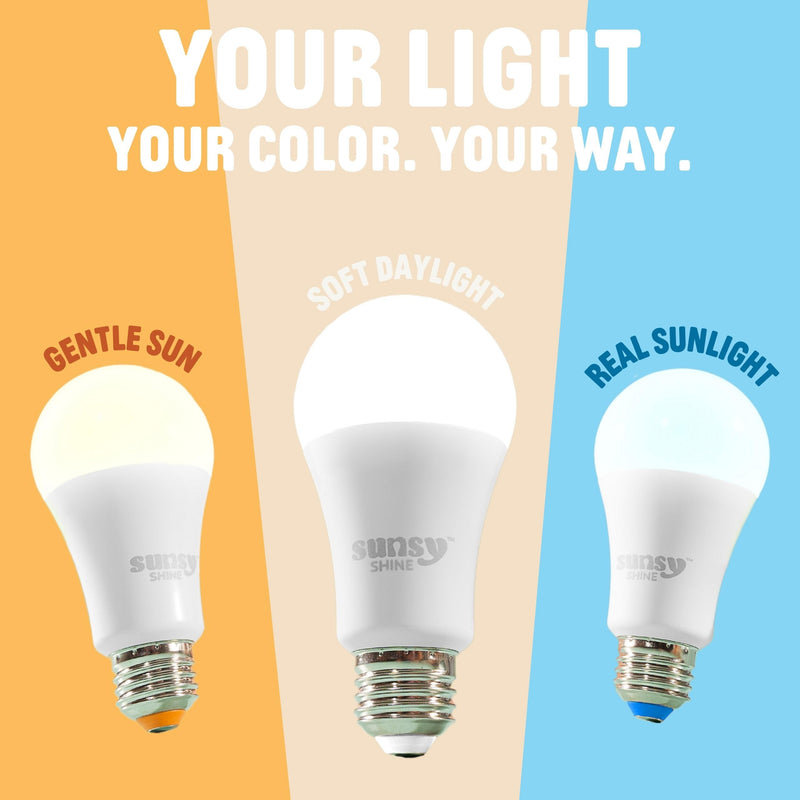 sunsy Shine A19 Full-Spectrum LED, 2700K Soft White, CRI 97, Flicker-Free | E26 base, dimmable, 670 lm at 11W, ETL & FCC certified, low-EMF, no UV or IR, 25,000-hr lifespan, 3-yr warranty, US-based
