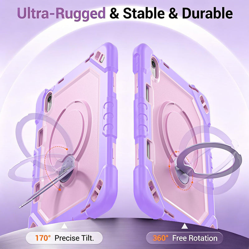 Case for iPad A16 11th Gen 11" 2025 & iPad 10th Gen 10.9" 2022 | 4-Layer Military Grade Shockproof Cover,Built-in Pencil Holder,360° Rotating Alloy Stand,Detachable Shoulder Strap Lilac Blush