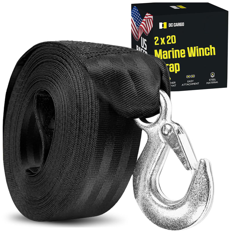 DC Cargo Mall Boat Trailer Winch Strap with Hook - Heavy Duty - 2" x 20' - 9,000 lbs Breaking Strength, Fits Both Hand-Crank and Electric Winches 1