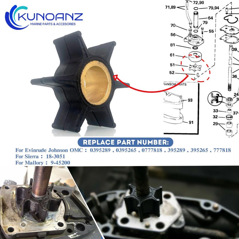 395289 395265 Water Pump Impeller For Evinrude Johnson 20 25 28 30 35 HP 2 Stroke Outboard Sierra 18-3051 0395289 0395265 0777818 20HP 25HP 28HP 30HP 35HP 1985-2010 20 25 28 30 35HP