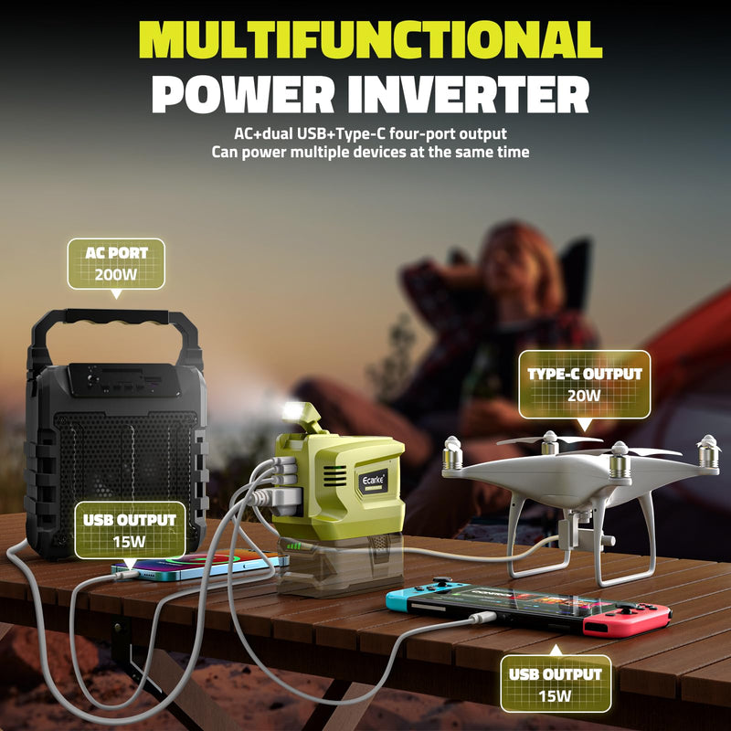 200W Portable Power Inverter Compatible with Ryobi 18V,Ecarke Real 200W Outdoor Generato Battery Converter with 2 USB&LED&AC Battery Powered Outlet,Convert DC 18V to AC 110V Portable Power Station Compatible with Ryobi 18V(no battery)