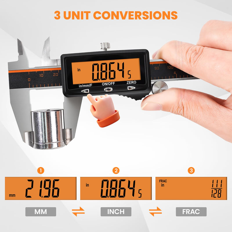 HARDELL Digital Caliper, 6" Rechargeable Caliper Measuring Tool with Large Orange Screen (Non-Backlit), Stainless Steel Digital Micrometer with Auto-Off, Inch/MM/Fraction for DIY/Household/3D-Printing | Precise Measurements, Digital Display 6 Inch