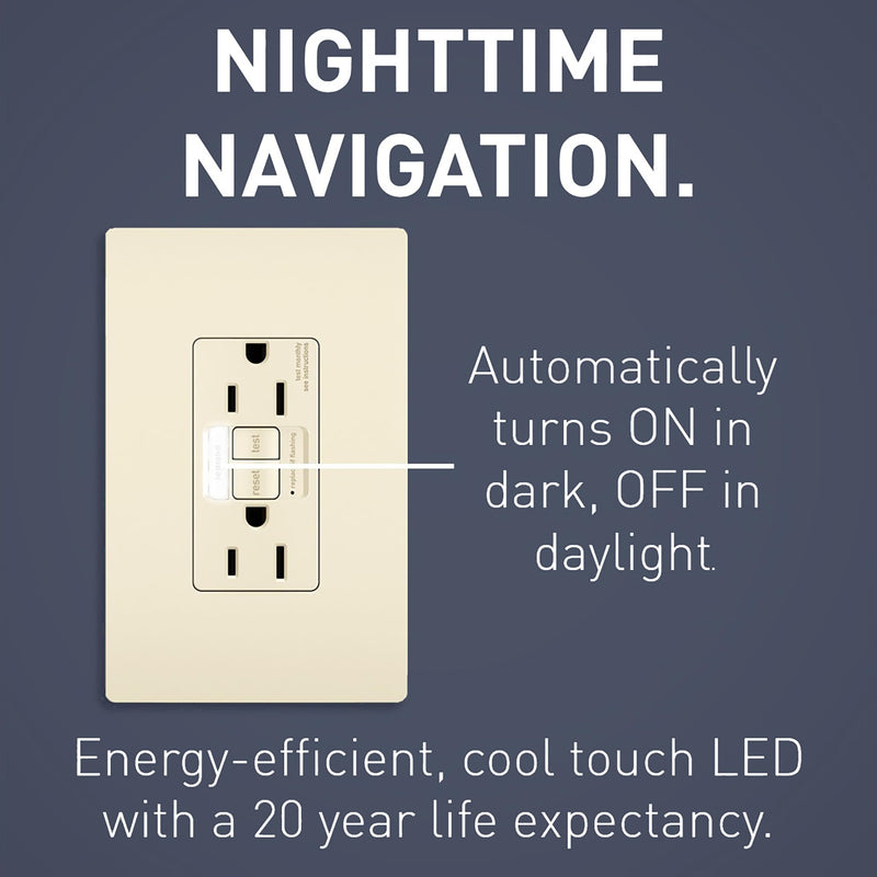 Legrand Radiant Night Light GFCI Outlet, Tamper-Resistant Self-Test Duplex with Cool Touch LED, GFCI Outlet for Bathroom, 1597NTLTRLACCD4, 15 Amp, Light Almond 1 Pack