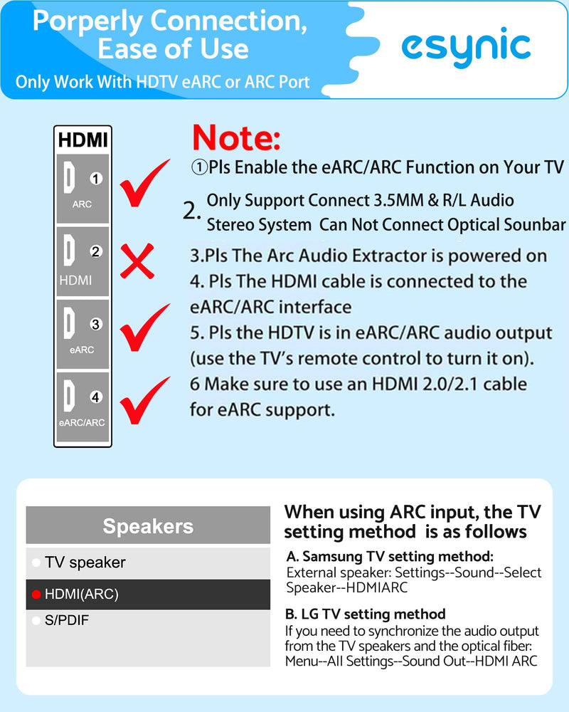 eSynic 7 FT Long eARC/ARC Audio Extractor-Plug & Play-Only Work For HDTV ARC/eARC Interface-192KHZ ARC to RCA&3.5MM Aux Adapter From HDTV to 3.5MM Headphone&L/R Stereo Audio System-No Optical Soundbar eARC/ARC to RCA