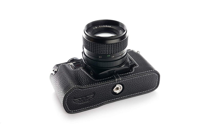 Minolta X-700 Case, BolinUS Handmade Genuine Real Leather Half Camera Case Bag Cover for Minolta X-700 with Hand Strap (Black) Black