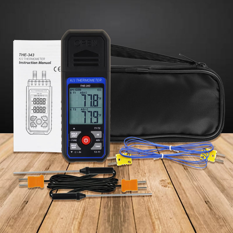 Thermocouple Thermometer Digital K/J Type with 4 K Type Thermocouple, HVAC Thermometer with Alarm & Adj Compensation, Temperature Meter -328°F ~ 2501°F Measuring Range