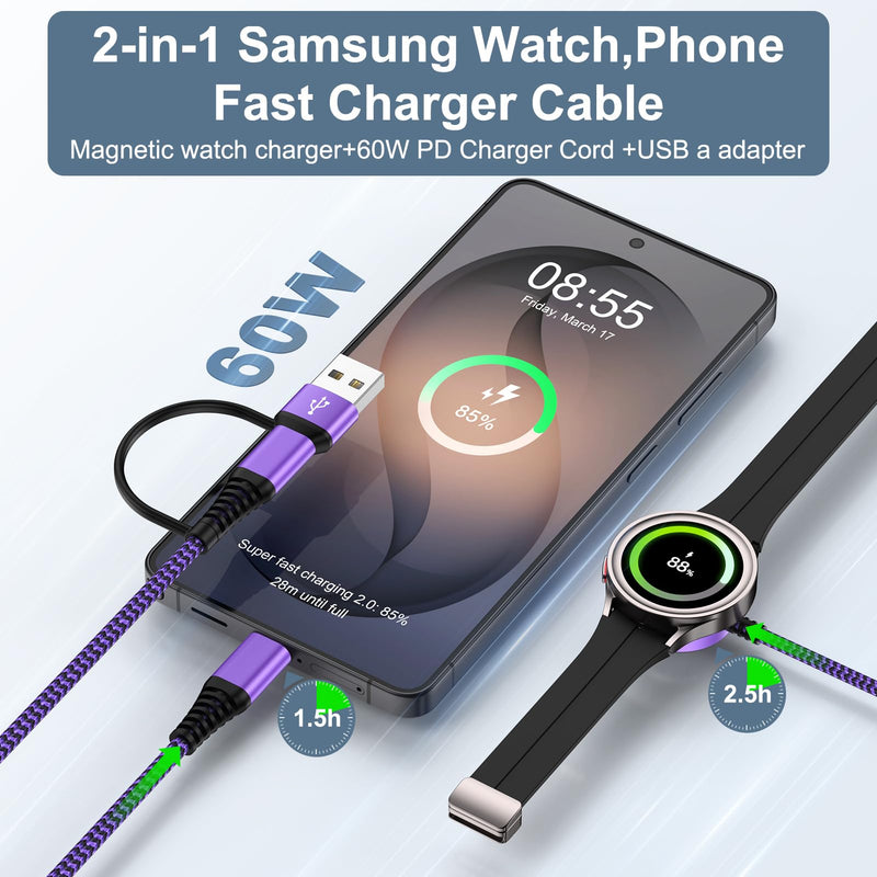 Travel Essentials Magnetic Fast Charger for Samsung Watch Charger 8 Classic | 2in1 USB A & USB C Fast Charging Cable for Samsung Galaxy Watch 8/7/Ultra/6/5 Pro/5/4/4 Classic/3/2/A17/A16/A37/S26/S25/S2 Purple