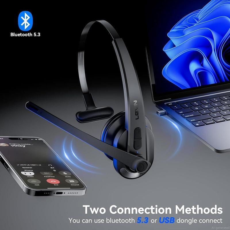 Wireless Headset with Mic for Work, Bluetooth Headset with Microphone(AI Noise Cancelling), Lightweight Comfortable with Mute Button Computer Headset with Microphone for PC/Office/Call Center/ Teams Black