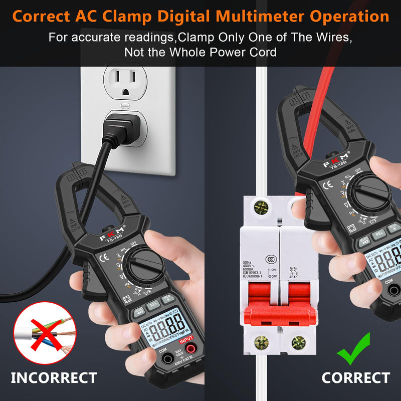 FKM Clamp Meter,TRMS 6000 Counts 600 Amp Digital Clamp Multimeter Voltage Tester,Auto-ranging Volt Meter,for AC/DC Voltage,AC Current,NCV,Capacitance,Resistance,Continuity,Hz/Duty Cycle,Diode,TempTest Black-(AC Current)Clamp Meter