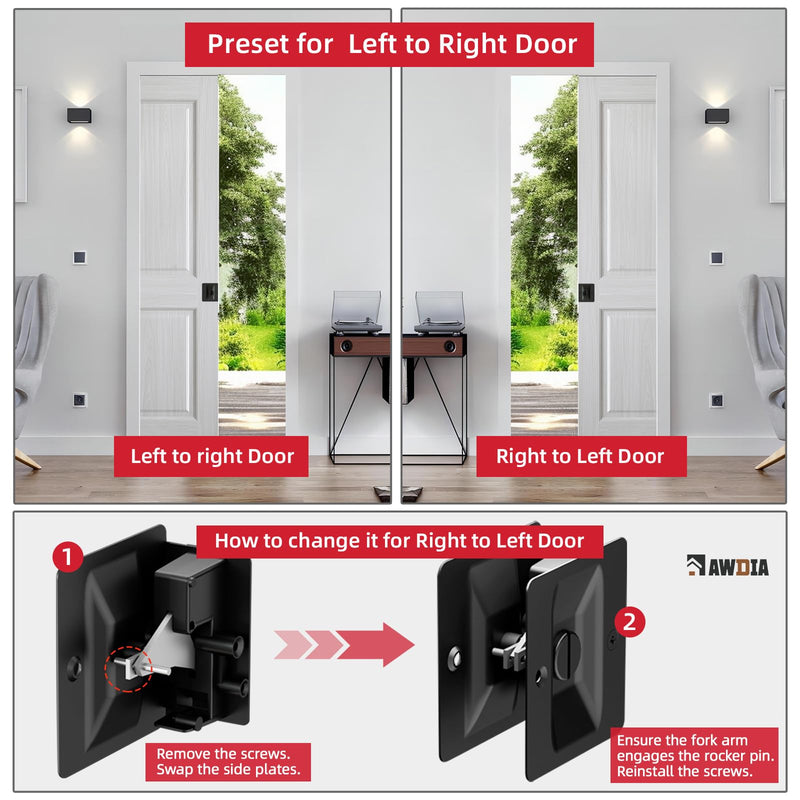 Matte Black Pocket Door Lock, 2-Pack Privacy Pocket Door Hardware, Pocket Door Handles, Pocket Door Lock Latch with Pull, 2-3/4’’x2-1/2’’, for 1.38’’-1.77’’ Thickness Door