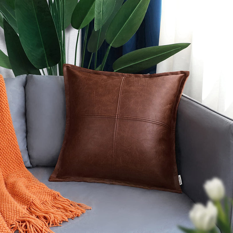 BRAWARM Dark Brown Leather Throw Pillow 20 X 20 Inches, Faux Leather Pillow Cover with Piping, Hand Stitched Leather Decorative Throw Pillow Covers for Couch Sofa Bed Living Room Garden 20" x 20" (Pack of 1) Dark Brown-piping