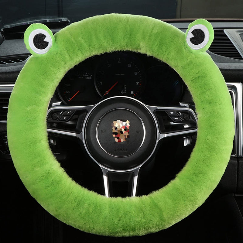 U&M 3 Pcs Set Fluffy Genuine Sheepskin Car Steering Wheel Cover with Handbrake Cover & Gear Shift Cover Fuzzy Wool Fur Soft Warm Winter (Green Frog, Shearling Wool) Green Frog