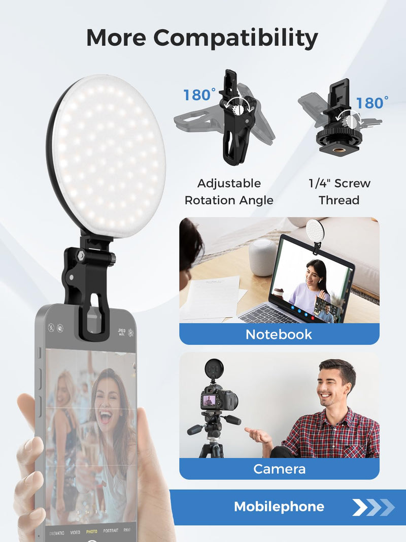 Smiling Shark Photography Light, LED Video Light with Clip 2500mAh Rechargeable CRI 97+ Dual Color Temperature Dimmable Cold Shoe Mount Portable Camera Light for Live Laptop Phone Video