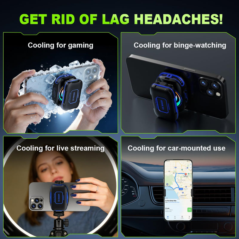 Cell Phone Cooler for Gaming, Magnetic Portable Radiator with RGB Lights, 3000mAh Rechargeable Battery, Compatible with iPhone, iPad, Android Black, Blue