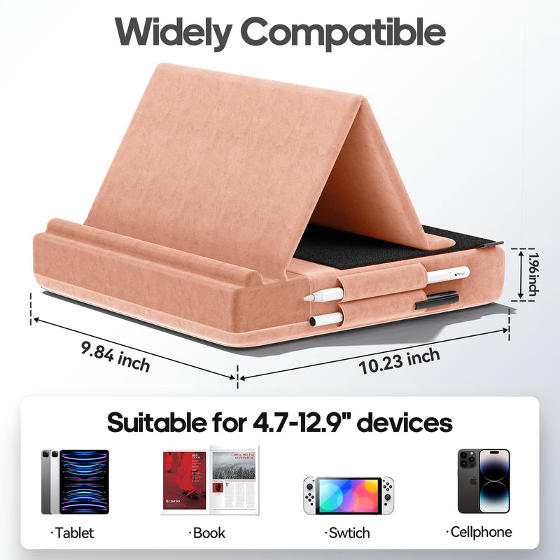 KDD Tablet Pillow Stand, Multi-Angle Viewing Ipad Holder for Lap, Bed and Desk, Foldable Soft Pad Dock with Stylus Mount Compatible with Ipad Pro 12.9, 10.5, 11, Air, Mini, Phones, Books, E-Reader Peach Fuzz