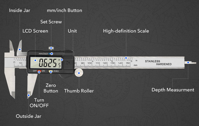 Digital Caliper Precise Measuring Tool, Vizbrite 6 inch Stainless Steel Electronic Vernier Calipers with Auto-Off Large LCD Screen, Accurate to ±0.001in/0.01mm, Easy Use Caliper 150mm Black Stainless Steel