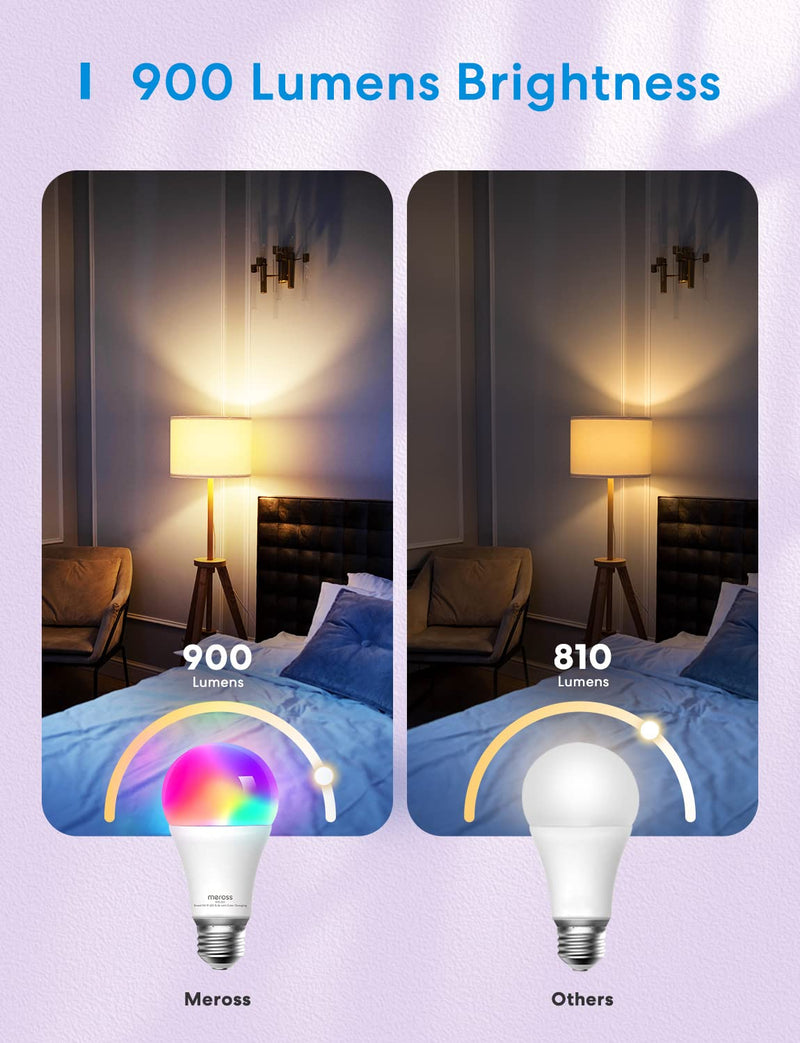 Meross Smart Light Bulb, Smart WiFi LED Bulbs Compatible with Apple HomeKit, Siri, Alexa, SmartThings, Dimmable E26 Multicolor 2700K-6500K RGBWW, 900 Lumens 60W Equivalent 2 Pack A19 2 Pack