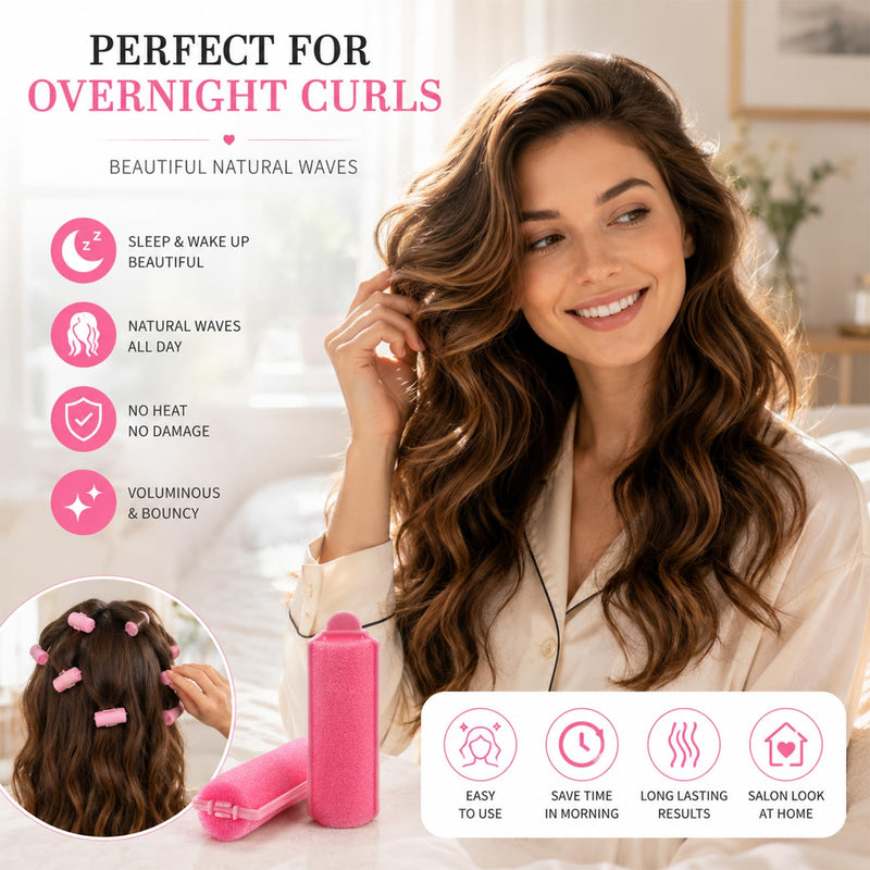 12 Pcs Foam Hair Rollers, Heatless Sponge Hair Curlers No Heat, Pink Soft Curling Tools for Women Girls Kids Long Short Thick Thin Hair, Overnight Sleep Home Salon DIY Use