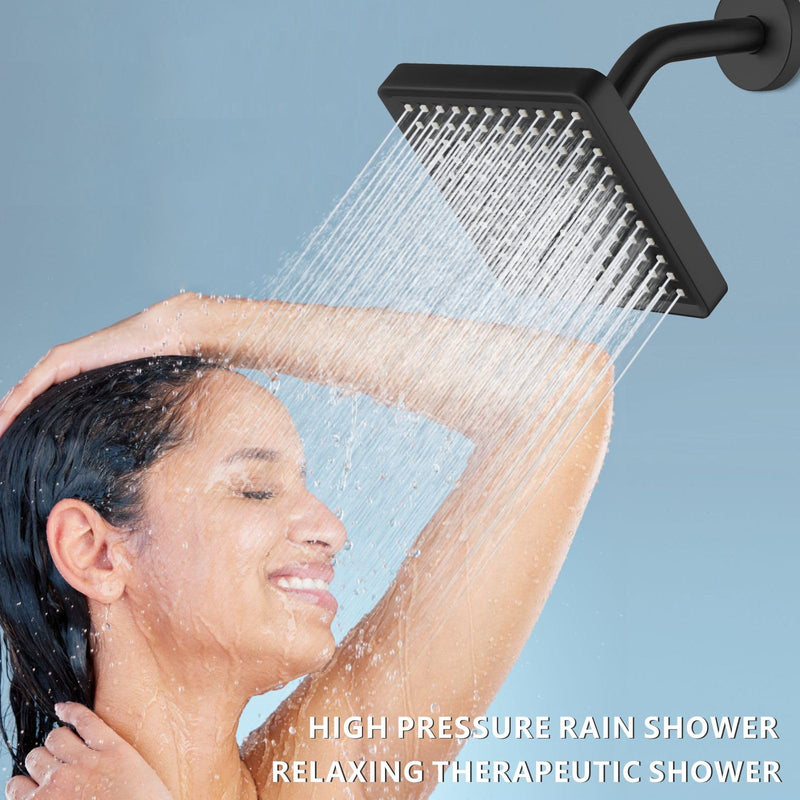 High Pressure Rain Shower Head with 6'' Shower Arm - High Flow Square Rainfall Showerhead - Luxury Modern Look - Pressure Boosting (Matte Black) Matte Black