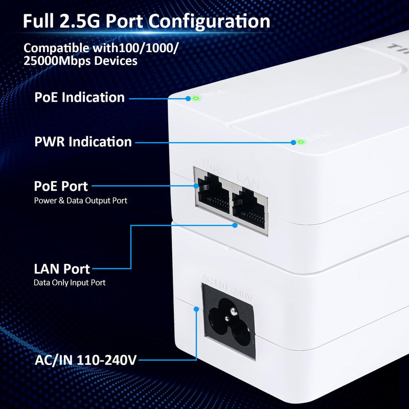 PoE++ Injector 2.5Gb 90W 55V, Transmit Network Data and Supply Power, 802.3af/at/bt Compliant, Plug & Play, Up to 100m(328 ft), Suitable for PTZ HD IP Cameras with Heaters/POS Machine/AP