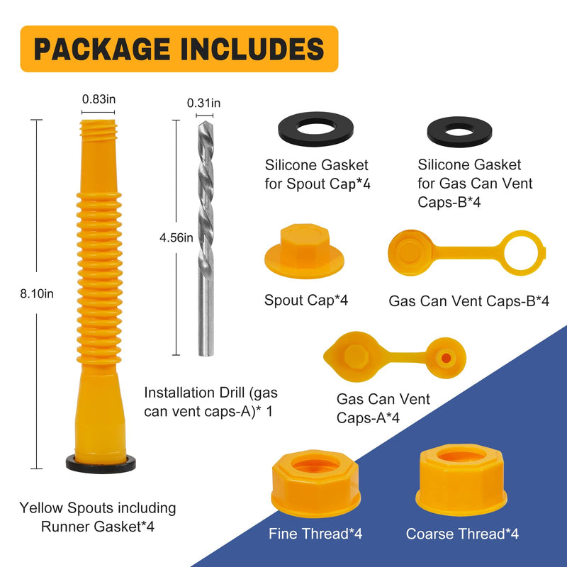 33 Pcs Gas Can Spout Replacement Kit,Gas Can Spout Replacement Fits 5 Gallon Gasoline Cans,with Flexible Nozzles,Screw Collar Gas Caps for Fuel Transfer Tanks Yellow -4 Kit