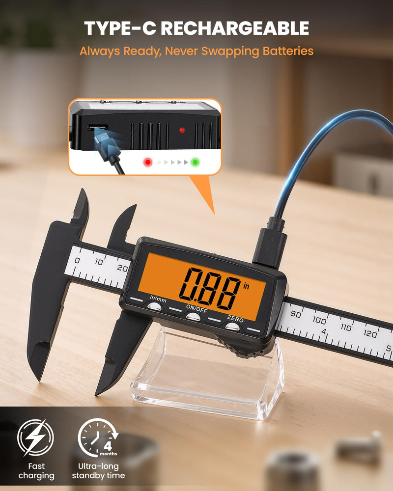 HARDELL Rechargeable Digital Caliper, 6" Plastic Calipers with Large Orange Screen (Non-Backlit), Inch/mm, Auto-Off Micrometer – Everyday Caliper Measuring Tool for Woodworking, DIY & Household