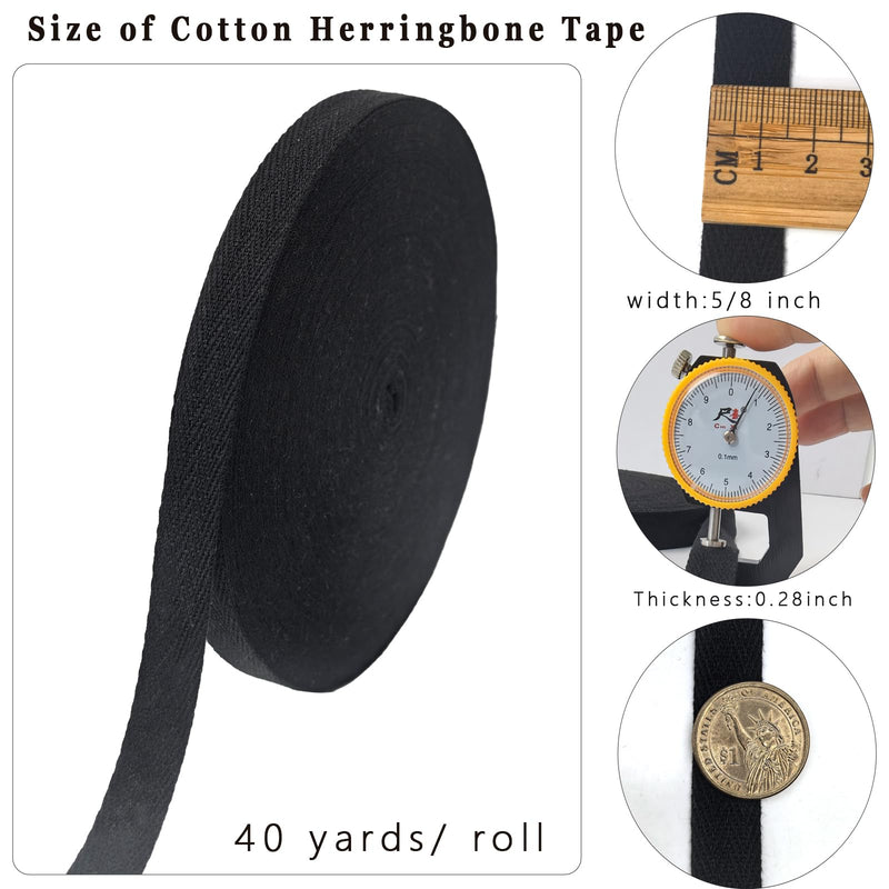 Black Cotton Twill Tape 5/8inch for Sewing,Ties,Gift Wrapping, Home Deco -40 Yards 15mm Natural Herringbone Fabric Trim Bias Binding Strips Ribbon for Handles, Crafting & DIY Projects Black 5/8 INCH 15mm