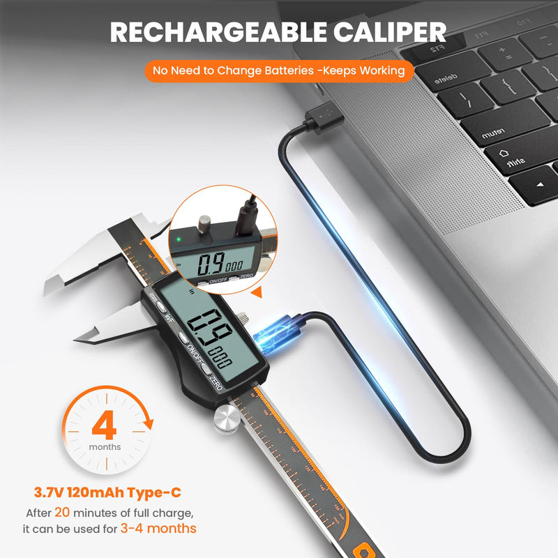 HARDELL Digital Caliper, Rechargeable Calipers with Large LCD Screen, Stainless Steel Caliper Measuring Tool, Auto-Off Micrometer, Inch/MM/Fraction for DIY/Household/3D-printing 6 Inch