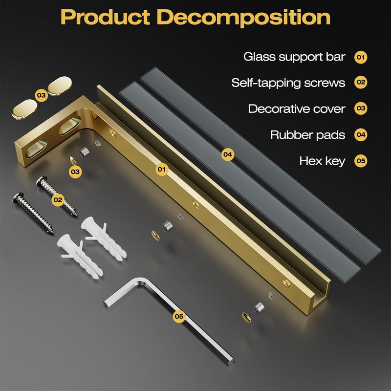 Heavy Duty Fixed Glass Clamp Support Bracket for Frameless Shower Doors,Reliably 304 Stainless Steel Stabilizing Bar for 6-12mm Glass Panels,No-Drill Installation,Mirror Gold Left Side Glass Polished Gold