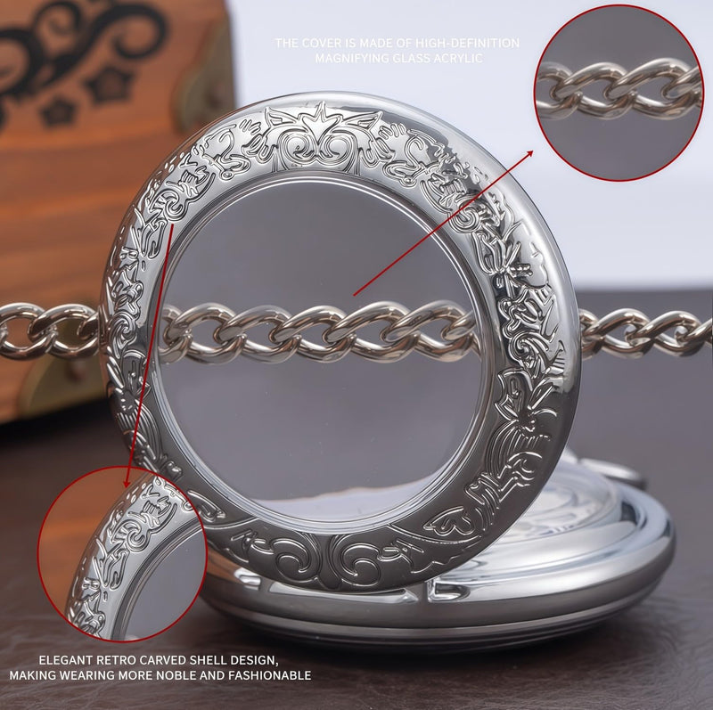 Mechanical Pocket Watch, for Men Women Special Magnifier Half Hunter Engraved Case Roman Numerals with Chain B-c. Compass, Silver, Blue