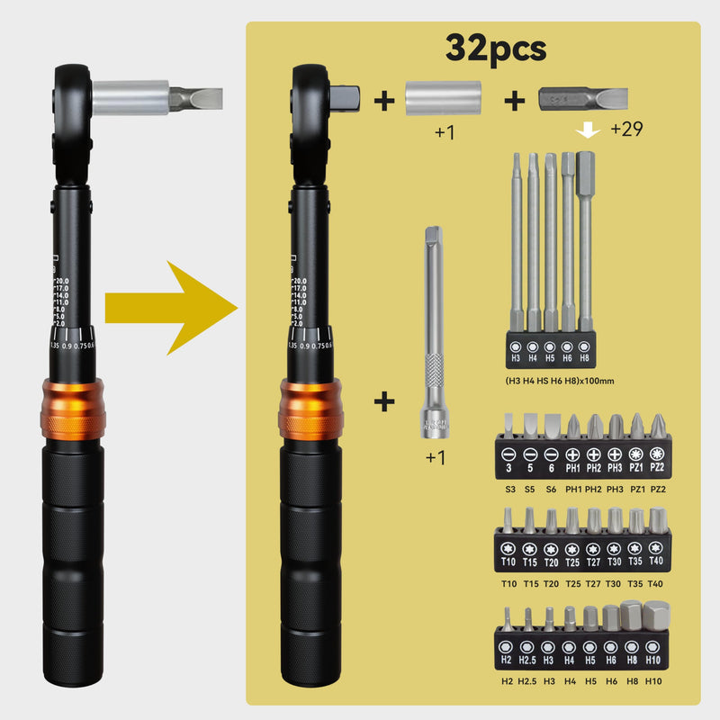 32-Pc Bike Torque Wrench Set, 1/4-Inch Dr. Click Torque Wrench and Bit Kit, 2-20 Nm Micro Adjustment, 72-Tooth Ratchet Head, Portable Round Pouch 32-Piece
