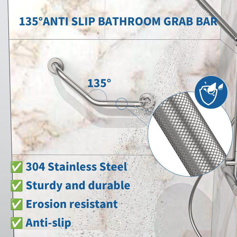 16 Inch Angled Shower Grab Bar, Munzong 2 Pack Anti Slip Satin Brushed Nickel Bathroom Grab Bar, Knurled Bathroom Balance Bar,Safety Hand Rail Support Handicap Elderly Injury Senior Assist Bath Handle 16 IN-2 Pack