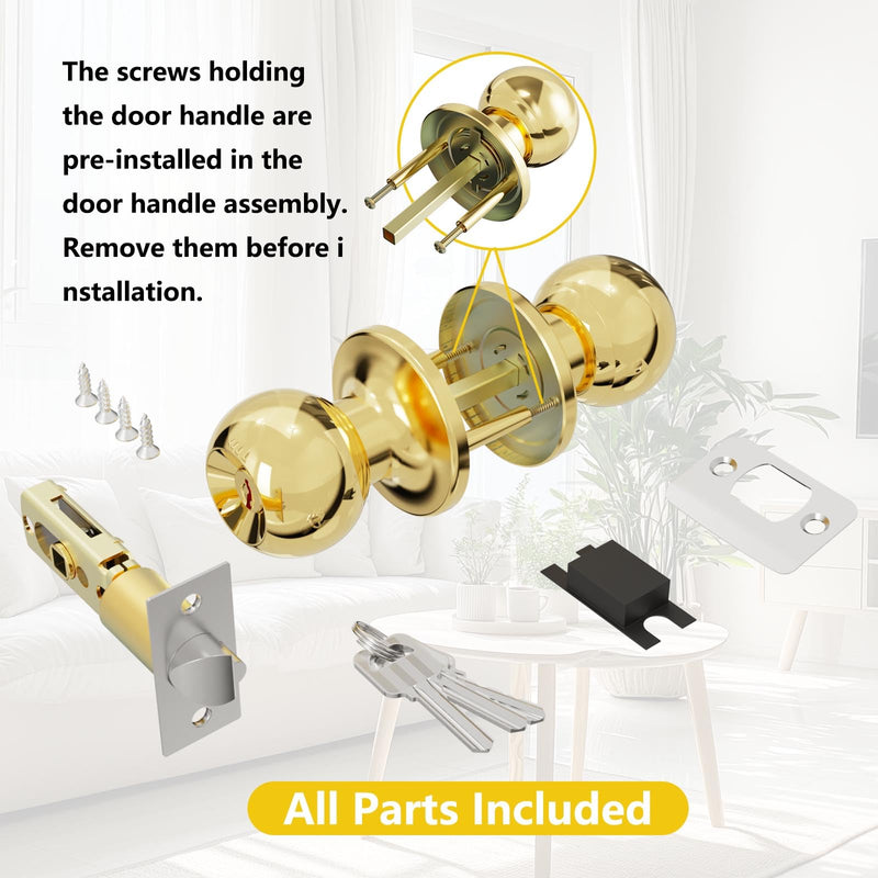 Door Knobs with Lock and Keys, Interior and Exterior Door Lock Standard Ball Door Locks for Bedrooms Bathroom Gold 2
